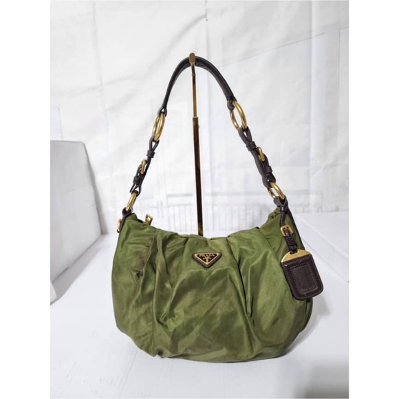 Authentic PRADA Tessuto Nylon Vitello Daino Hobo Bag Green/Brown - Picture 1 of 15